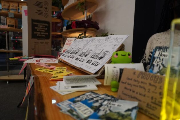 On a brown table, editions of a white zine are placed on the table.