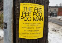 ‘The Pee Pee Poo Poo Man’ brings Toronto’s fecal attacks to the big screen A yellow poster saying in big bight letters "The Pee Pee Poo Poo Man" on a brown post.