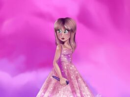 Taylor Swift wearing a pink ballroom gown with a black microphone during “Enchanted” at the Eras Tour. The background is a bright pink.