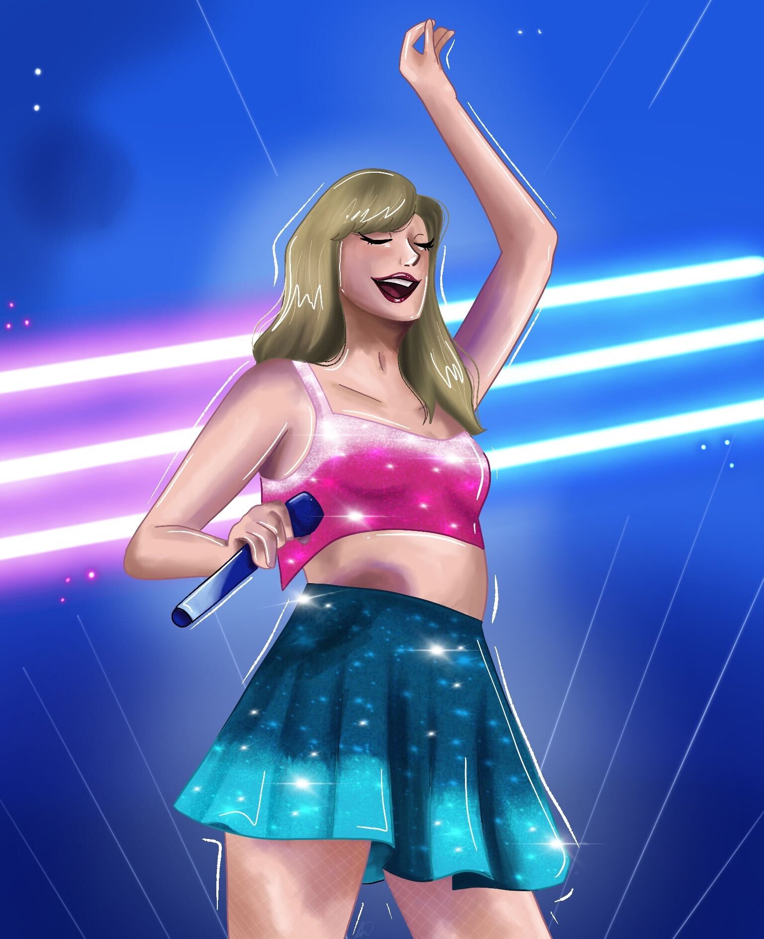 Taylor Swift dancing during her album 1989 with a pink bra top and a blue short skirt on stage at the Eras Tour. 