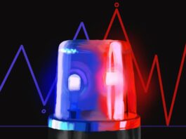 A red and blue police siren with data lines in the background.