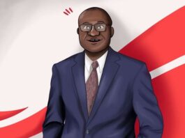 Cartoon drawing of Carleton president Wisdom Tettey, smiling behind a red and white background