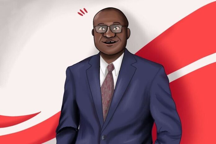 Cartoon drawing of Carleton president Wisdom Tettey, smiling behind a red and white background