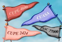 ‘Disheartening, disappointing and appalling’: Carleton unions critique university budget choices at joint town hall Four flags with the words "CUPE 4600," "CUPE 2424," "CUASA" and "PSAC 77000"