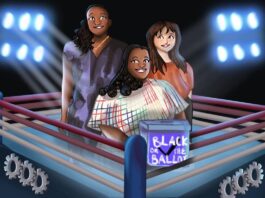 Media Girlfriends' core team of Nana aba Duncan, Garvia Bailey and Hannah Sung are depicted in a wrestling arena that symbolizes the political environment in Canada.