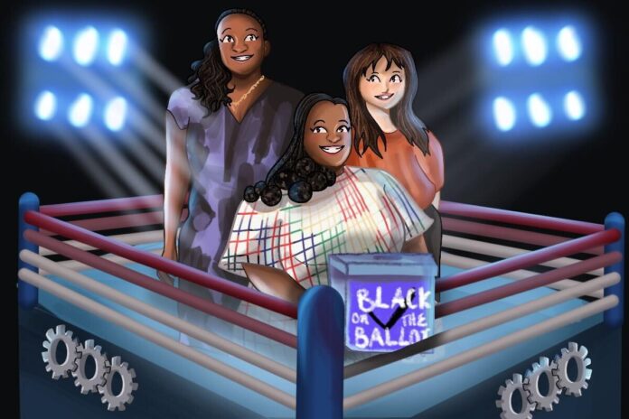 Media Girlfriends' core team of Nana aba Duncan, Garvia Bailey and Hannah Sung are depicted in a wrestling arena that symbolizes the political environment in Canada.