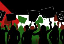 ‘I will gladly take the heat’: CUSA subcommittee advocates for divestment, despite pushback Silhouettes with signs standing in front of the Palestinian flag.