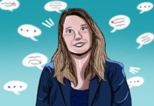 Q&A: More sexting education needed, Carleton researcher says A graphic of Kelly Babchishin against a blue background with white text bubbles floating around her.
