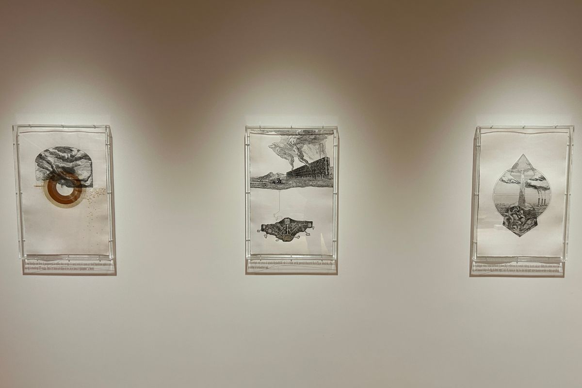 Three etchings by Colin Lyons as part of his series ‘We will find salvation in strategic chemical spills’ in the Carleton University Art Gallery on Jan. 26, 2025. 