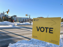 A yellow sign with the word "Vote" beside a road.