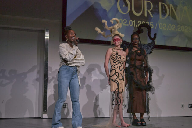 Empress Charifa (left) presents two models on the runway to symbolize duality at the Crépu: Our DNA event on Feb. 2, 2025.