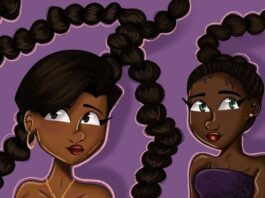 Cartoon graphic of two Black women with their hair in braids.