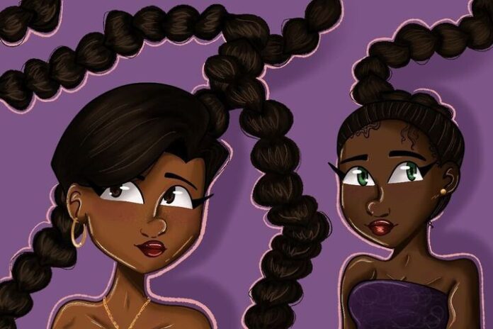 Cartoon graphic of two Black women with their hair in braids.