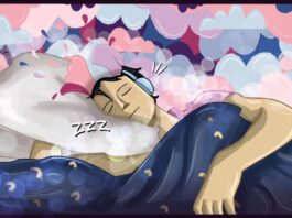 Person sleeping peacefully with headphones on, listening to a sleep podcast.