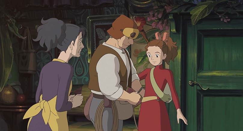 Three cartoon characters talk inside of a room with green wallpaper.