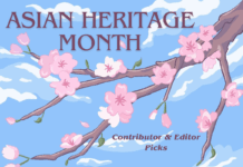 A branch with pink cherry blossoms hangs in front of a blue sky, cloudy background with the words "Asian Heritage Month" and "Contributor and Editor Picks" printed above and below the branch.