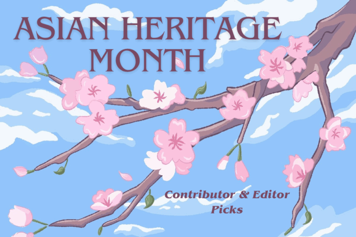 Asian Heritage Month 2025 A branch with pink cherry blossoms hangs in front of a blue sky, cloudy background with the words