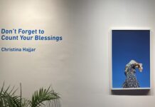 "Don't Forget to Count Your Blessings" is written in blue font on a white wall, next to a mounted photo of a woman with a tablecloth against a blue sky background.