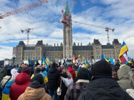 A group of protesters stand outside the Parliament Buildings in winter months.
