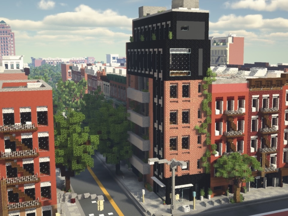 A city of apartment buildings, sidewalks and streets is built in Minecraft.