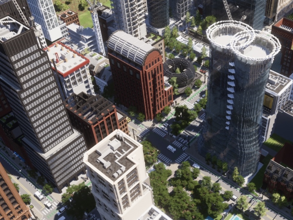 A bird's eye view of a city with skyscrapers, trees and sidewalks built in Minecraft.