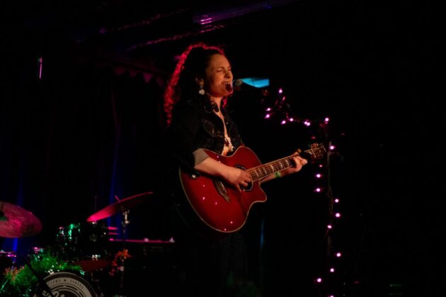 A person with a guitar behind a mic stand performs in a darkly-lit venue.