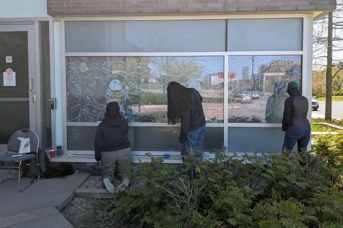 Three students are drawing nature and birds on a window. 