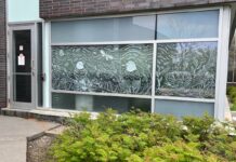 Student mural blends art and science to prevent bird-window collisions at Carleton A window with white stencil-like drawings of birds, trees and nature.