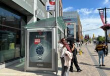 A person wearing a white shirt stands outside a bus stop, on their phone, seemingly waiting for a bus.