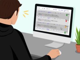 A graphic of a person wearing a black shirt's back to a computer screen, scrolling on a gray web page.