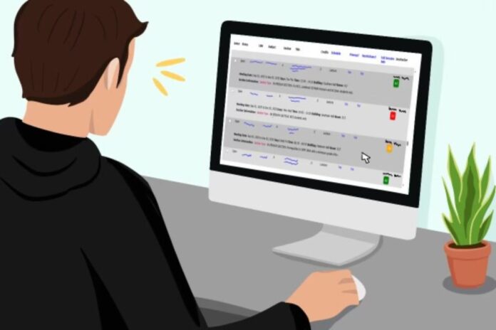 A graphic of a person wearing a black shirt's back to a computer screen, scrolling on a gray web page.