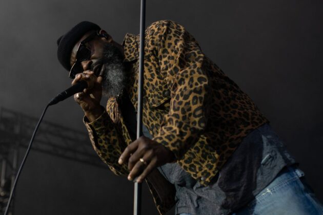 A man wearing sunglasses and a leopard print sweater sings into a microphone.