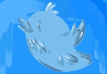 A light blue bird that's crying floats in front of a blue background.