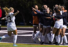 Ravens second-half comeback stuns GeeGees to win first game of home-and-home series Carleton Ravens players celebrate goal during the second half at TAAG Park
