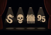 Carleton University theatre shows to look for this year A graphic of a dragon, skull, four women and "9 to 5" individually spotlit on a dark stage with red curtains.