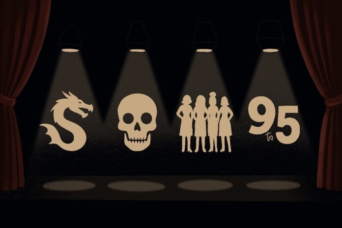 A graphic of a dragon, skull, four women and 