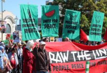 In photos: Unity, solidarity as ‘Draw the Line’ takes to the streets a crowd of people hold a wide red banner that says 'draw the line: people, peace, the planet'