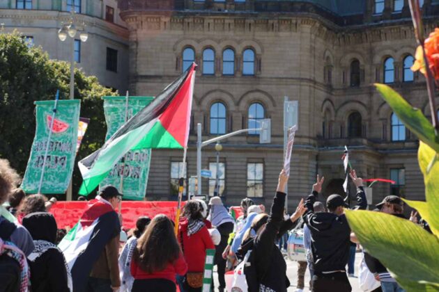 a crowd with a person holding a palestinian flag and signs with different messages of support for palestine