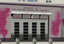 Protest or property damage? Meet the activist who spray painted the U.S. Embassy pink Medium shot graphic representation of the U.S. Embassy spray painted in pink.