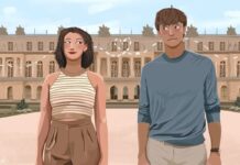 Critic’s Corner: Why ‘The Summer I Turned Pretty’ keeps fans coming back A graphic of two people, a woman on the left and a man on the right, looking at one another with the Palace of Verseilles behind them.