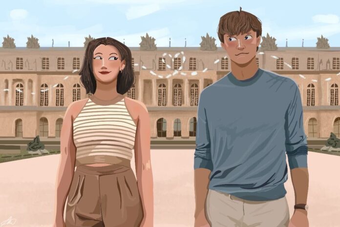 A graphic of two people, a woman on the left and a man on the right, looking at one another with the Palace of Verseilles behind them.