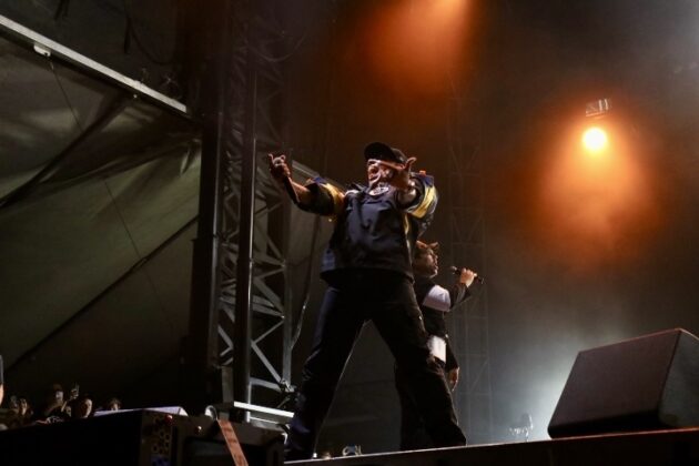 A singer performs energetically on stage.