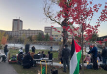 ‘Grief is not weakness’: Carleton students mourn and pray in vigil for Gaza a crowd is in a circle next to a river with a palestinian flag around. across the river is a building