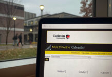 ‘To feel heard, to feel seen’: New multifaith calendar fosters awareness, inclusivity on campus A laptop screen is open. On the screen, it says "Carleton University" and "Multifaith Calendar" and some days of the week are written on the screen. Behind the laptop, through a window, people walk by buildings with lamp posts next to them.