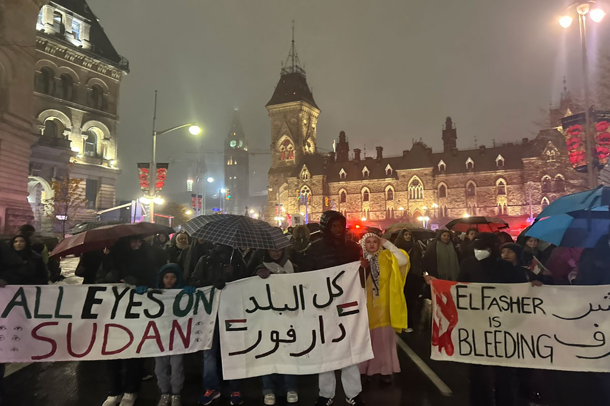 A crowd of people in front of Parliamentary buildings. Some hold banners saying "All Eyes on Sudan" and "El Fasher is Bleeding." many hold umbrellas, some wear kaffiyehs