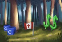 Budget 2025: Youth Climate Corps investment a ‘bright spot’ amidst ‘disappointing’ cuts, critics say An illustration of trees and grass with a Canada flag, a blue recycling bin and money symbols