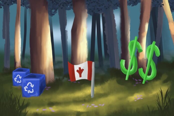 An illustration of trees and grass with a Canada flag, a blue recycling bin and money symbols