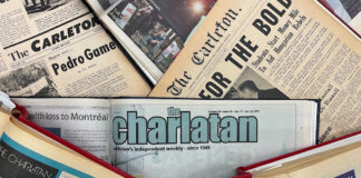 Flipping back the pages to the Charlatan’s wildest headlines through the decades Archive books of the Charlatan newspapers layered on top of each other.