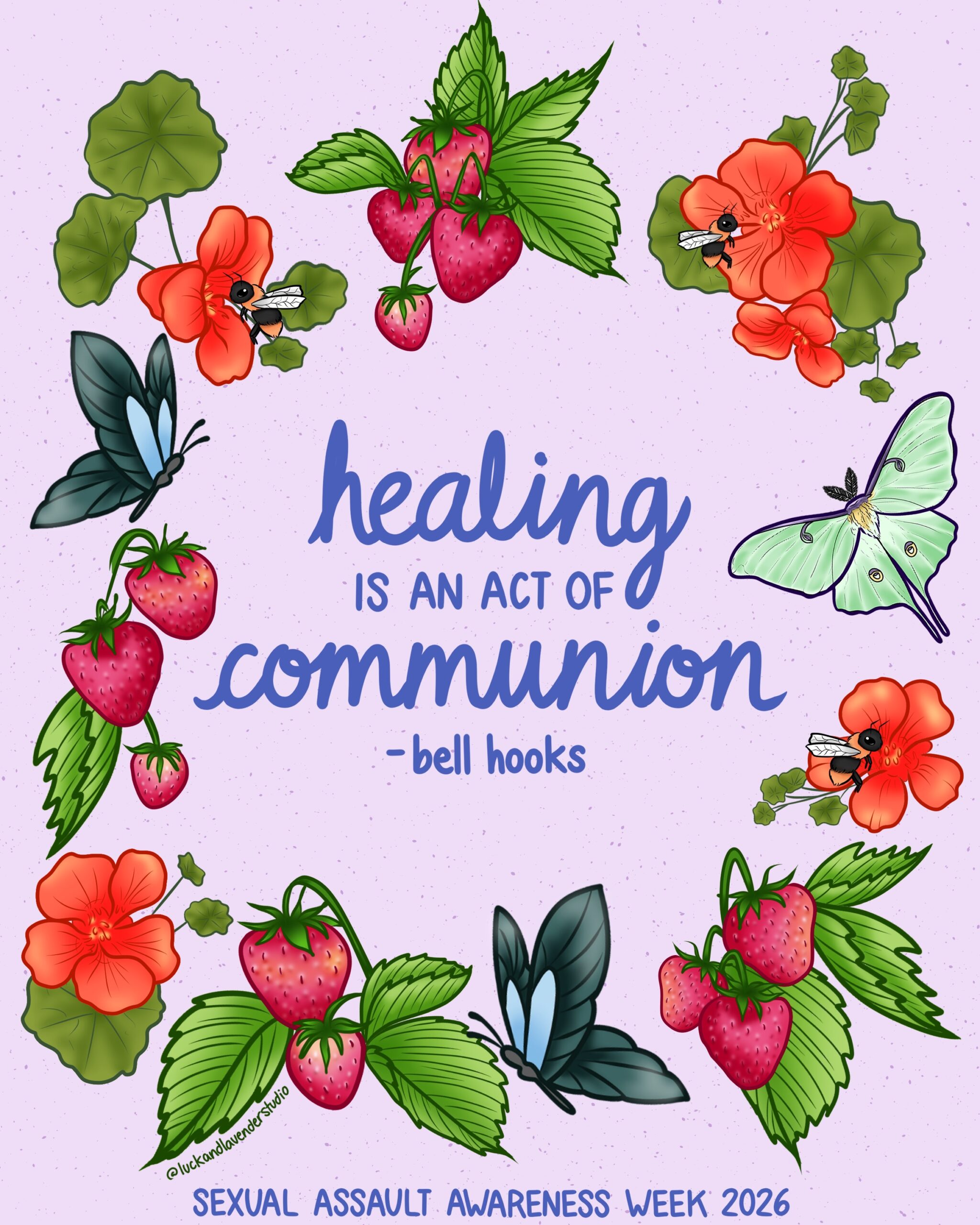 Illustrated strawberries, butterflies and flowers encircle a quote: "healing is an act of communion - bell hooks"
