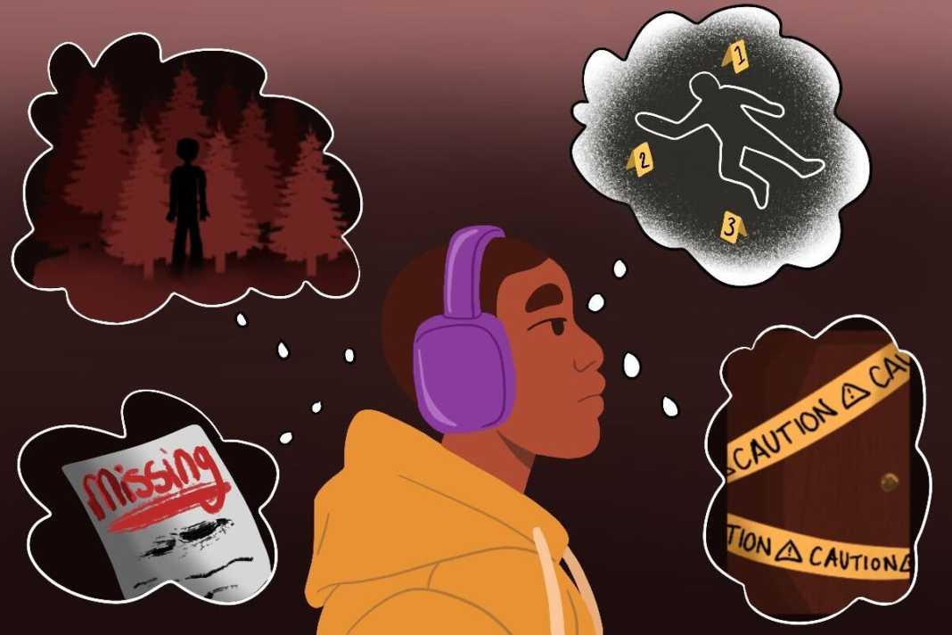 A drawing of a person with headphones thinking about crime scenes.